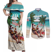 Liberia Christmas Couples Matching Off Shoulder Maxi Dress and Long Sleeve Button Shirt Santa Chill on Tropical Beach - Wonder Print Shop