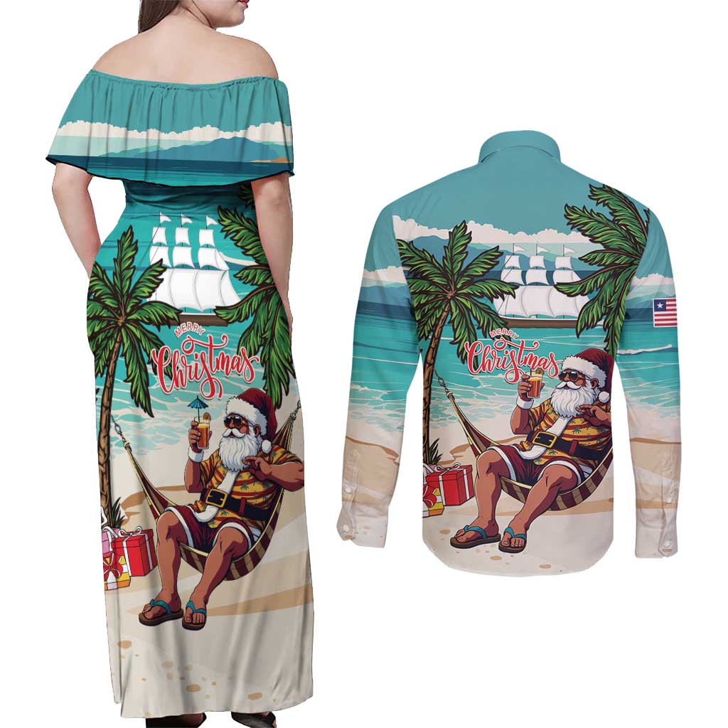 Liberia Christmas Couples Matching Off Shoulder Maxi Dress and Long Sleeve Button Shirt Santa Chill on Tropical Beach - Wonder Print Shop