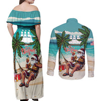 Liberia Christmas Couples Matching Off Shoulder Maxi Dress and Long Sleeve Button Shirt Santa Chill on Tropical Beach - Wonder Print Shop