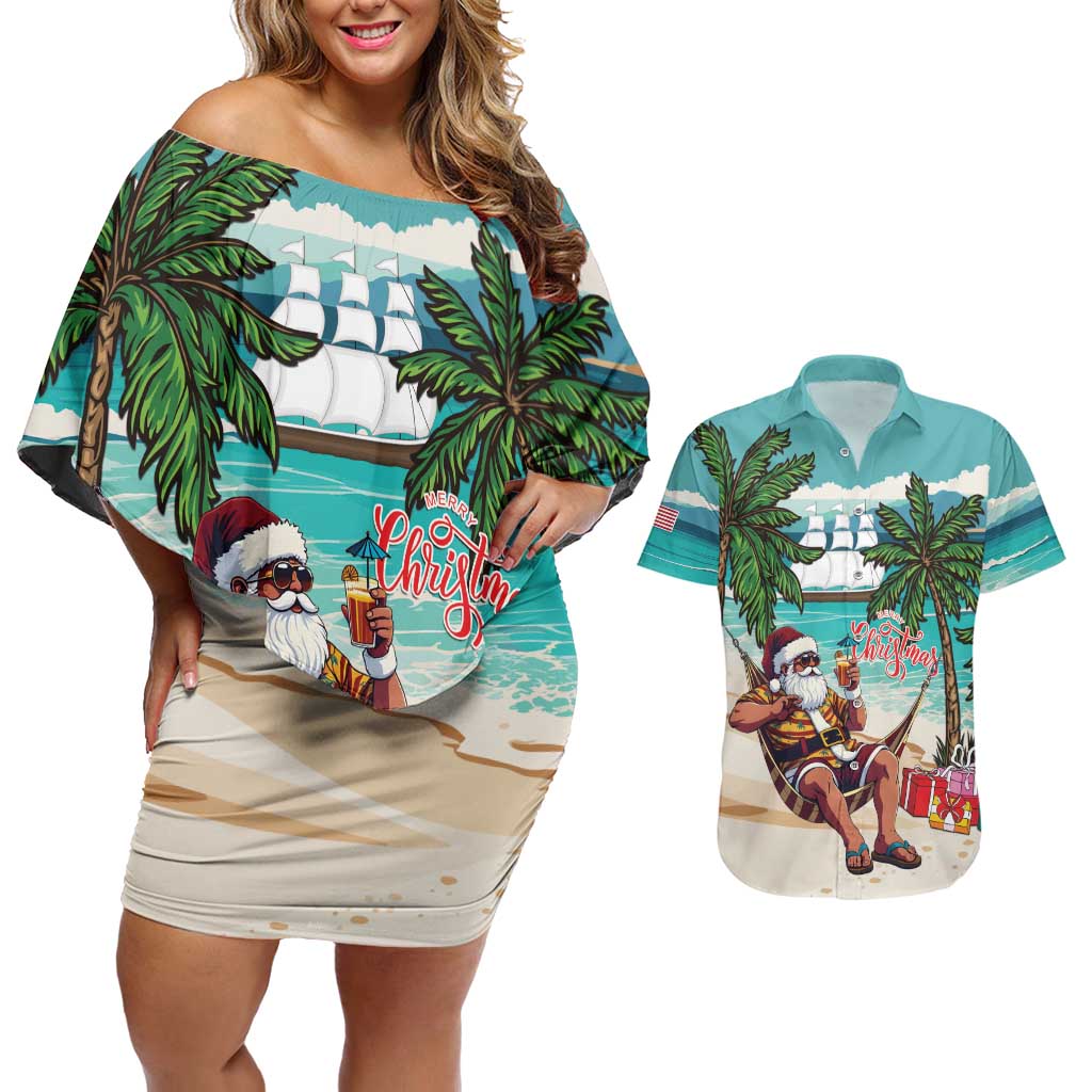 Liberia Christmas Couples Matching Off Shoulder Short Dress and Hawaiian Shirt Santa Chill on Tropical Beach - Wonder Print Shop