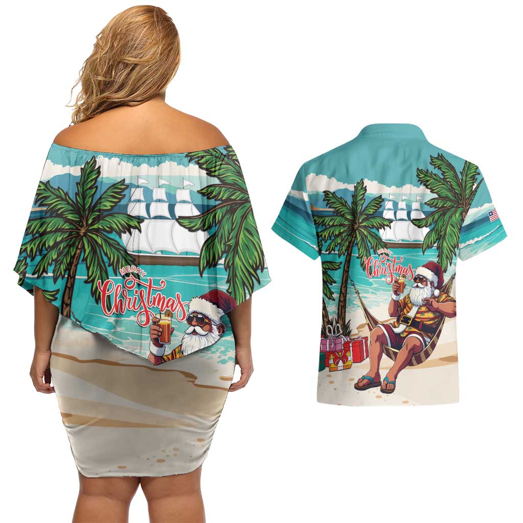 Liberia Christmas Couples Matching Off Shoulder Short Dress and Hawaiian Shirt Santa Chill on Tropical Beach - Wonder Print Shop
