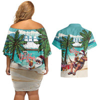 Liberia Christmas Couples Matching Off Shoulder Short Dress and Hawaiian Shirt Santa Chill on Tropical Beach - Wonder Print Shop