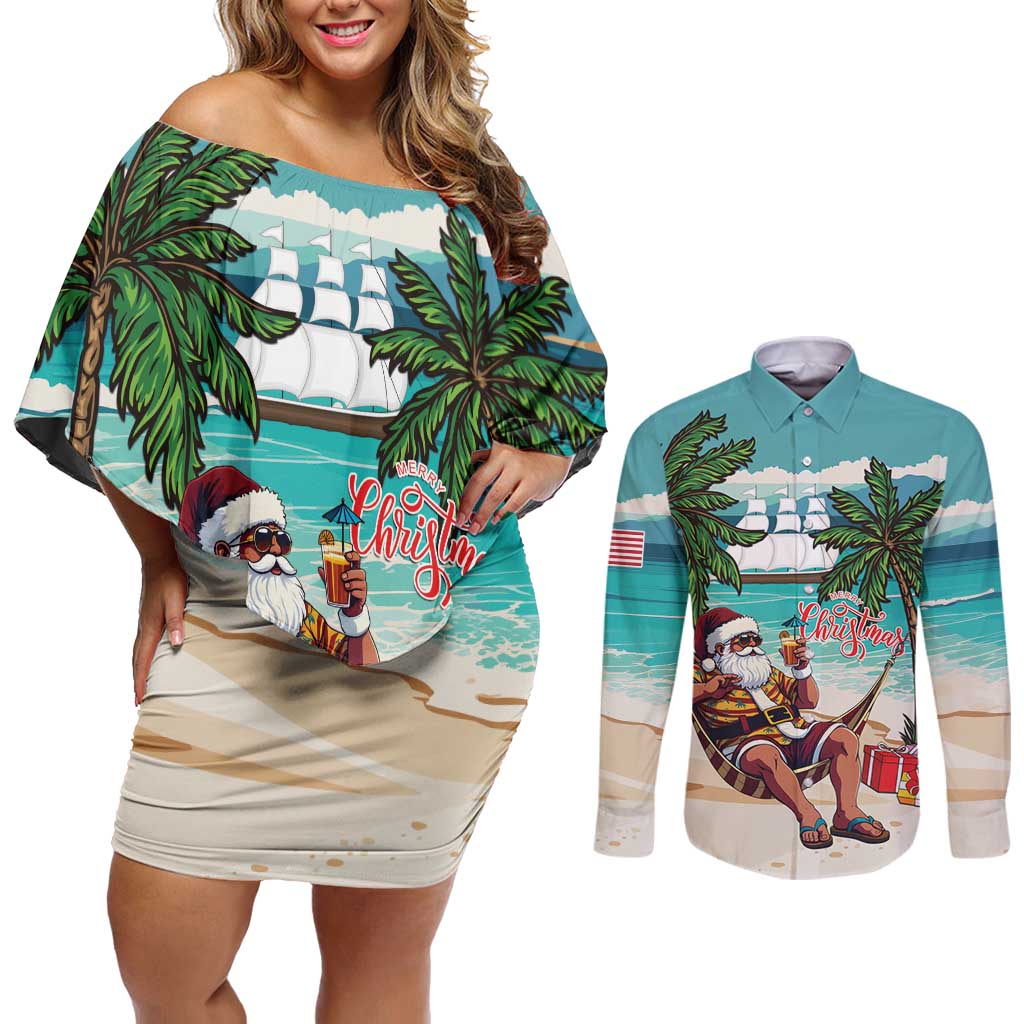 Liberia Christmas Couples Matching Off Shoulder Short Dress and Long Sleeve Button Shirt Santa Chill on Tropical Beach - Wonder Print Shop
