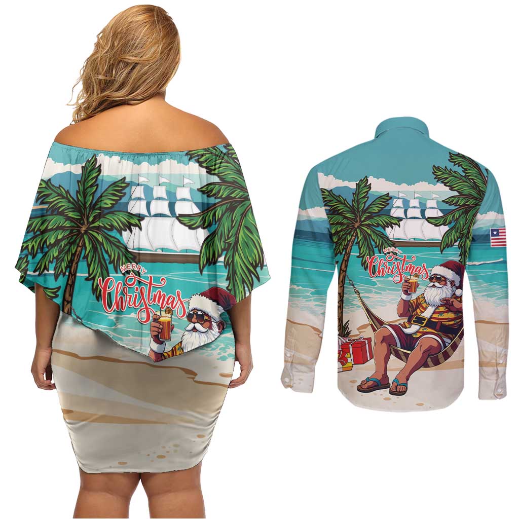 Liberia Christmas Couples Matching Off Shoulder Short Dress and Long Sleeve Button Shirt Santa Chill on Tropical Beach - Wonder Print Shop