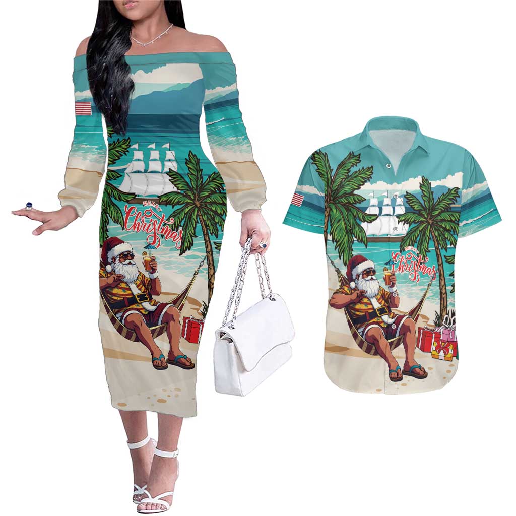 Liberia Christmas Couples Matching Off The Shoulder Long Sleeve Dress and Hawaiian Shirt Santa Chill on Tropical Beach - Wonder Print Shop