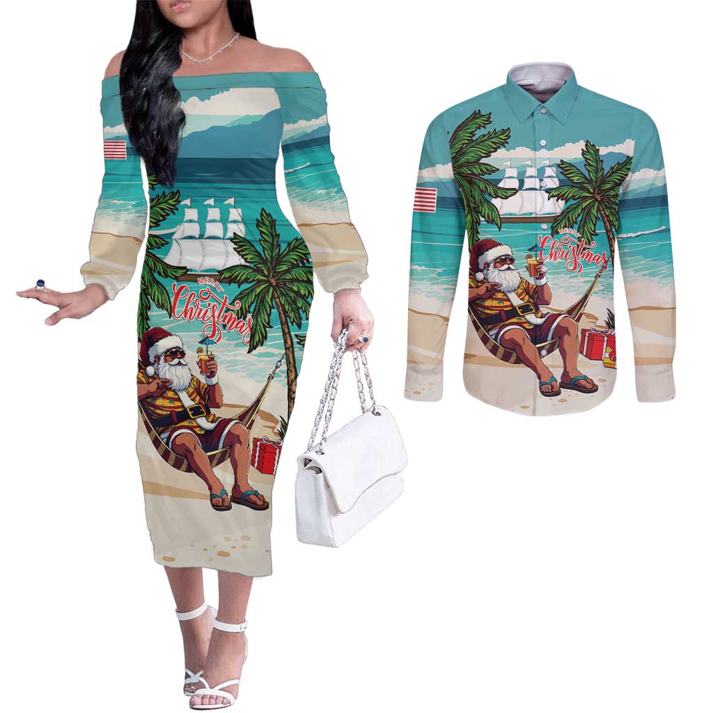 Liberia Christmas Couples Matching Off The Shoulder Long Sleeve Dress and Long Sleeve Button Shirt Santa Chill on Tropical Beach - Wonder Print Shop
