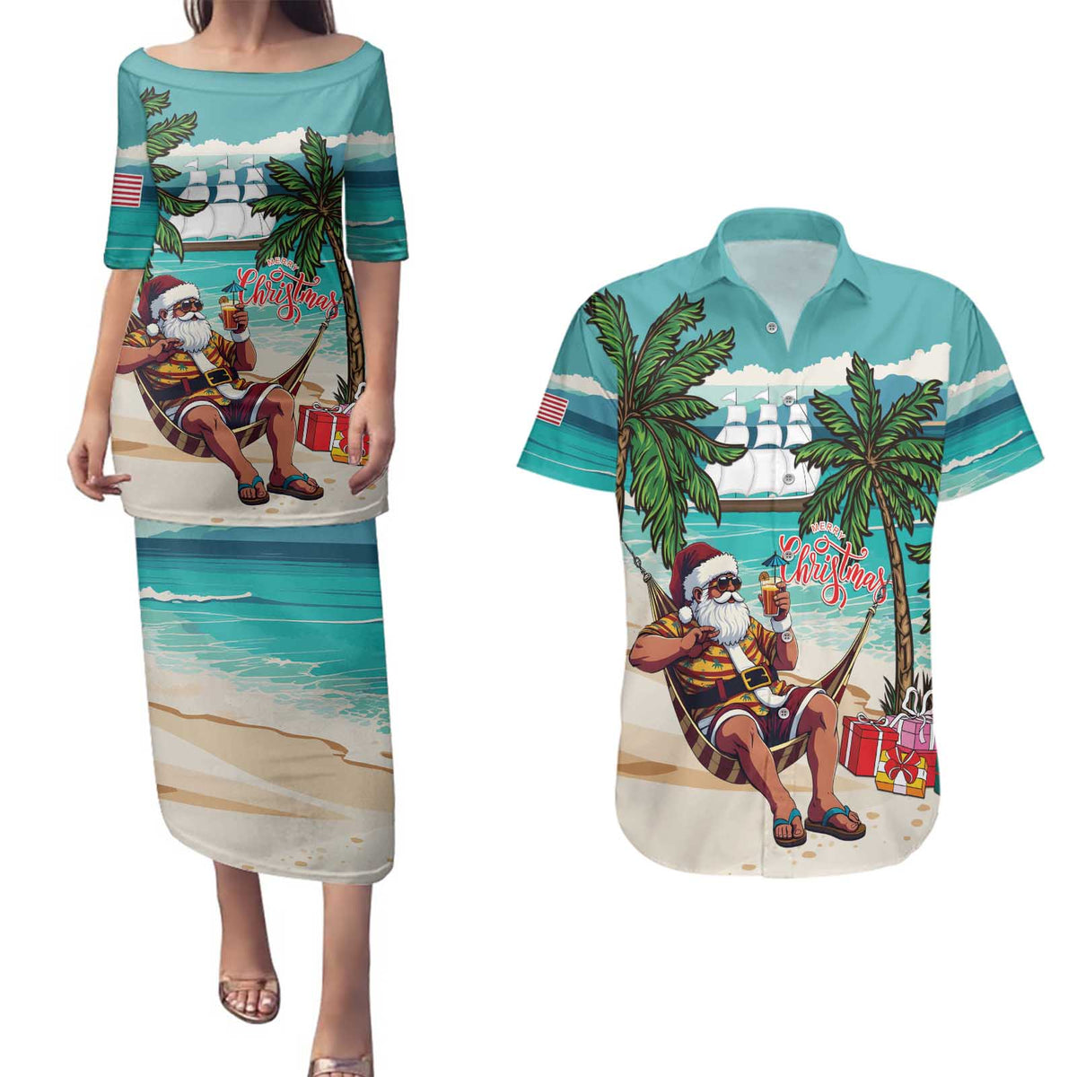 Liberia Christmas Couples Matching Puletasi and Hawaiian Shirt Santa Chill on Tropical Beach - Wonder Print Shop