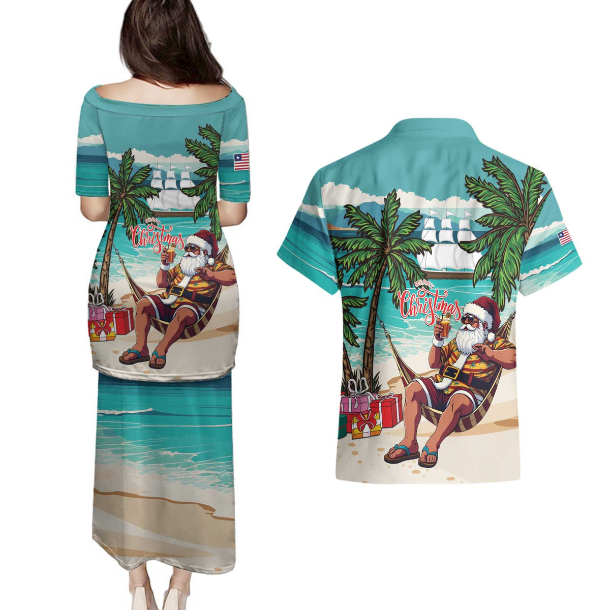 Liberia Christmas Couples Matching Puletasi and Hawaiian Shirt Santa Chill on Tropical Beach - Wonder Print Shop