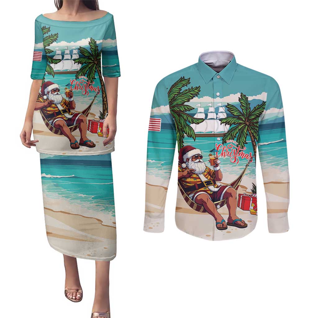 Liberia Christmas Couples Matching Puletasi and Long Sleeve Button Shirt Santa Chill on Tropical Beach - Wonder Print Shop