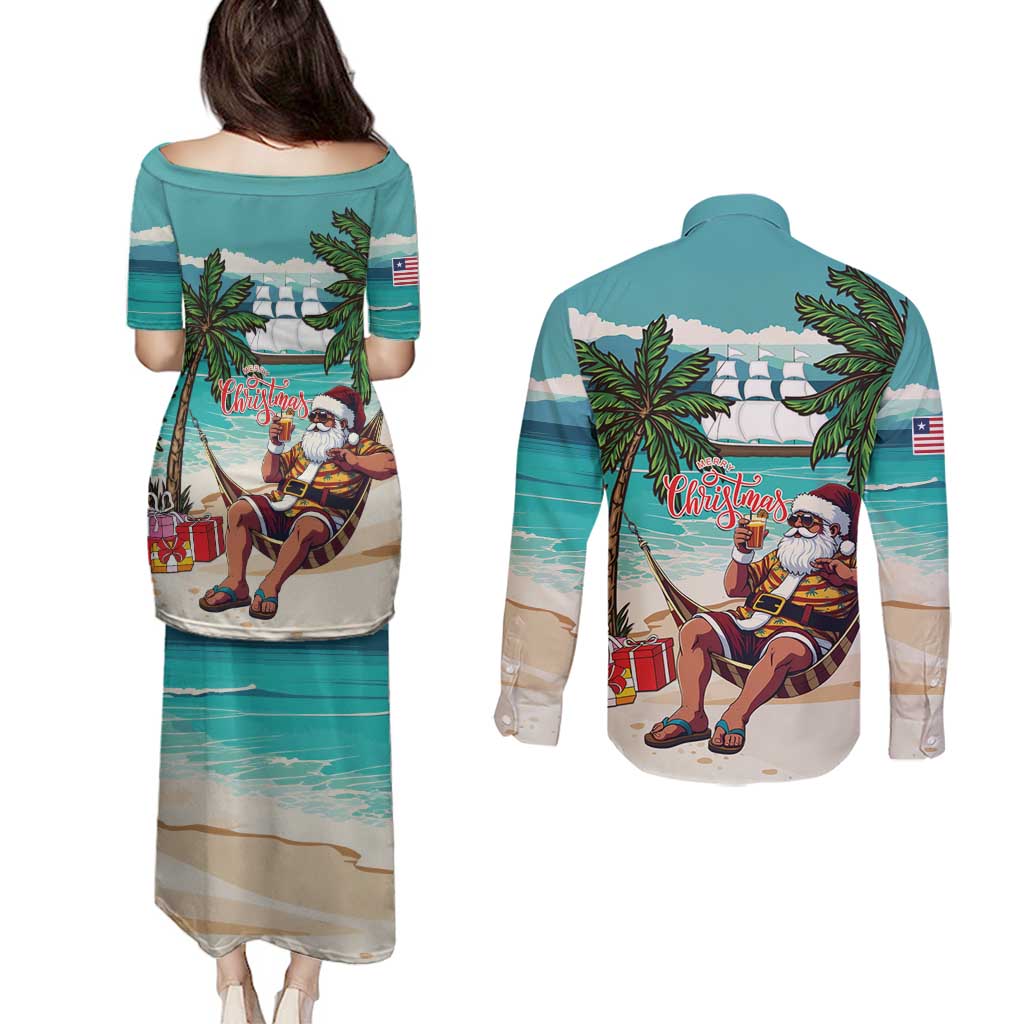 Liberia Christmas Couples Matching Puletasi and Long Sleeve Button Shirt Santa Chill on Tropical Beach - Wonder Print Shop