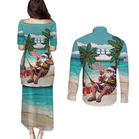 Liberia Christmas Couples Matching Puletasi and Long Sleeve Button Shirt Santa Chill on Tropical Beach - Wonder Print Shop