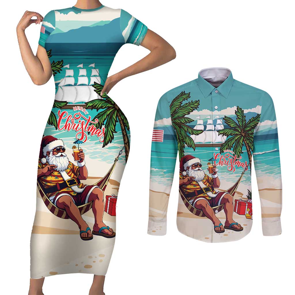 Liberia Christmas Couples Matching Short Sleeve Bodycon Dress and Long Sleeve Button Shirt Santa Chill on Tropical Beach - Wonder Print Shop