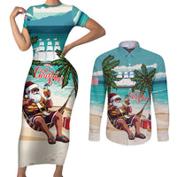 Liberia Christmas Couples Matching Short Sleeve Bodycon Dress and Long Sleeve Button Shirt Santa Chill on Tropical Beach - Wonder Print Shop