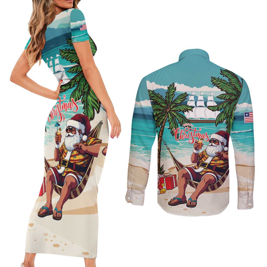 Liberia Christmas Couples Matching Short Sleeve Bodycon Dress and Long Sleeve Button Shirt Santa Chill on Tropical Beach - Wonder Print Shop