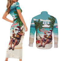 Liberia Christmas Couples Matching Short Sleeve Bodycon Dress and Long Sleeve Button Shirt Santa Chill on Tropical Beach - Wonder Print Shop
