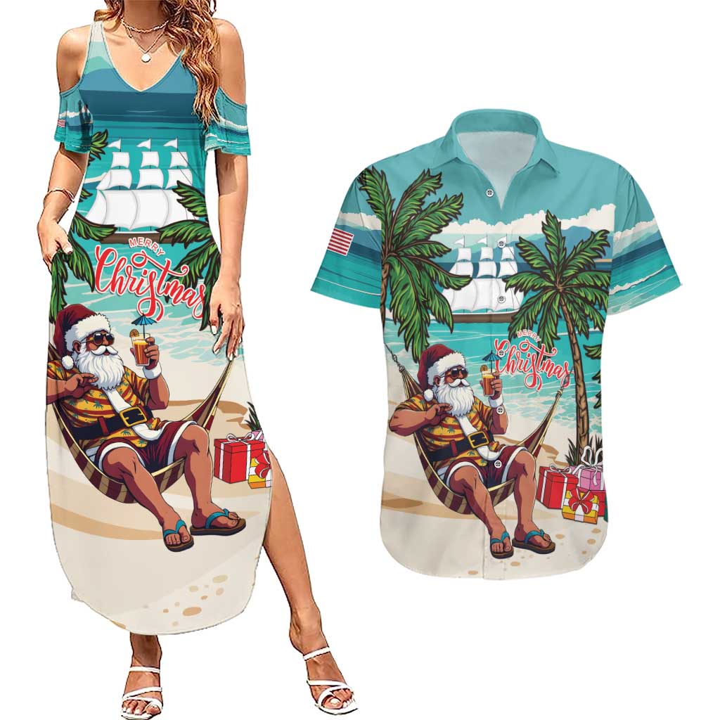 Liberia Christmas Couples Matching Summer Maxi Dress and Hawaiian Shirt Santa Chill on Tropical Beach - Wonder Print Shop