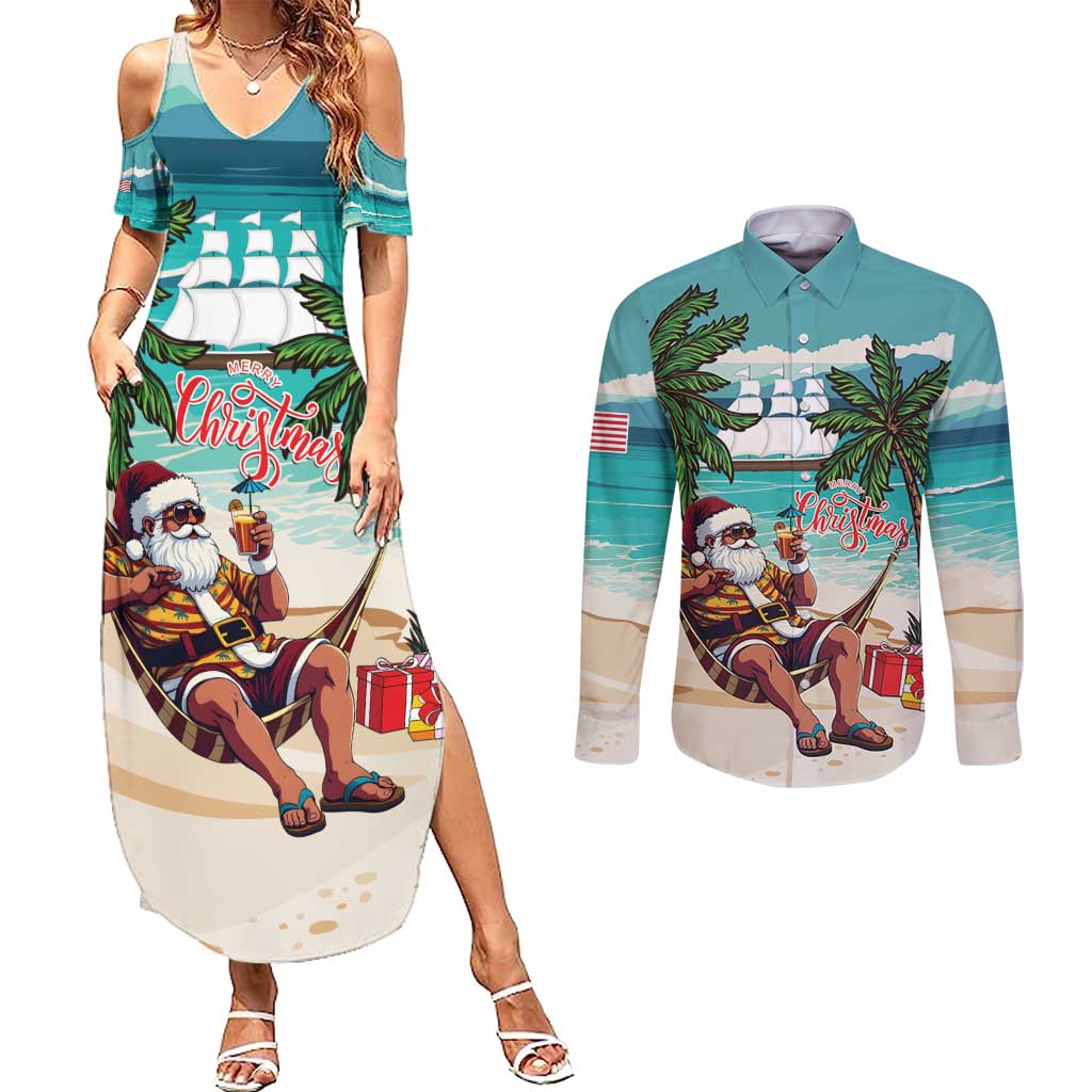 Liberia Christmas Couples Matching Summer Maxi Dress and Long Sleeve Button Shirt Santa Chill on Tropical Beach - Wonder Print Shop