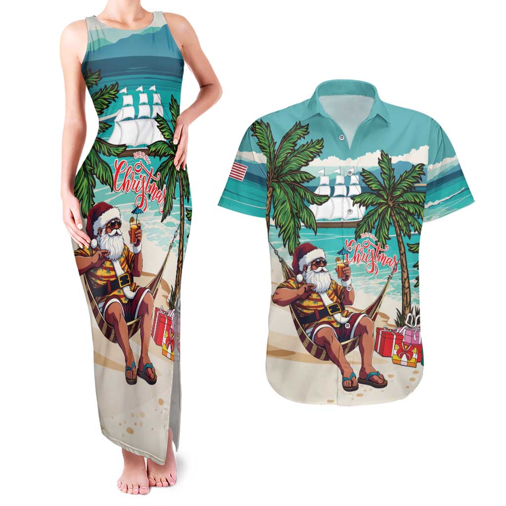 Liberia Christmas Couples Matching Tank Maxi Dress and Hawaiian Shirt Santa Chill on Tropical Beach - Wonder Print Shop