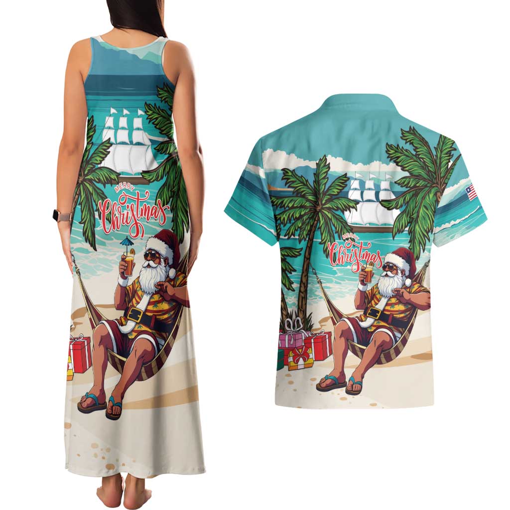 Liberia Christmas Couples Matching Tank Maxi Dress and Hawaiian Shirt Santa Chill on Tropical Beach - Wonder Print Shop