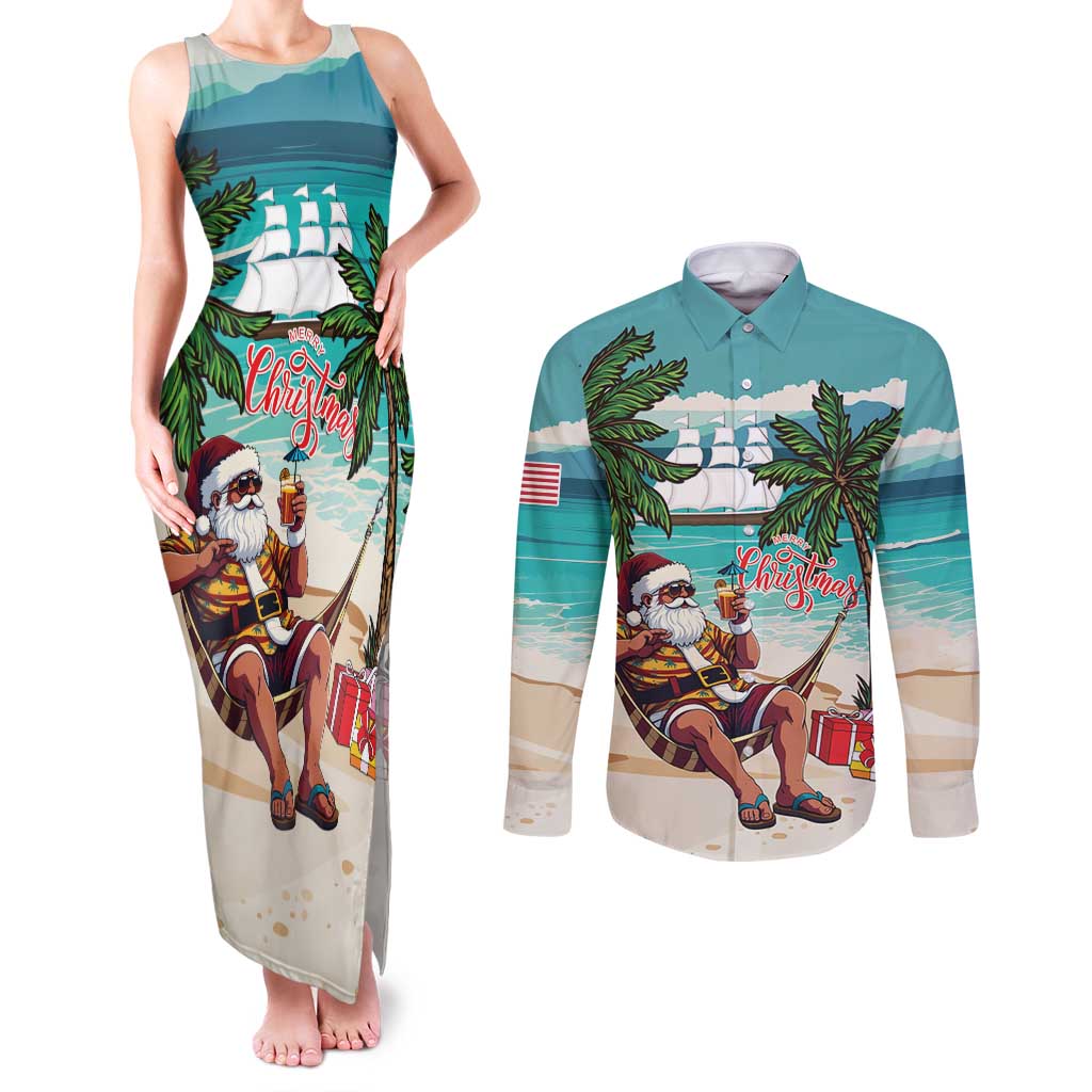Liberia Christmas Couples Matching Tank Maxi Dress and Long Sleeve Button Shirt Santa Chill on Tropical Beach - Wonder Print Shop