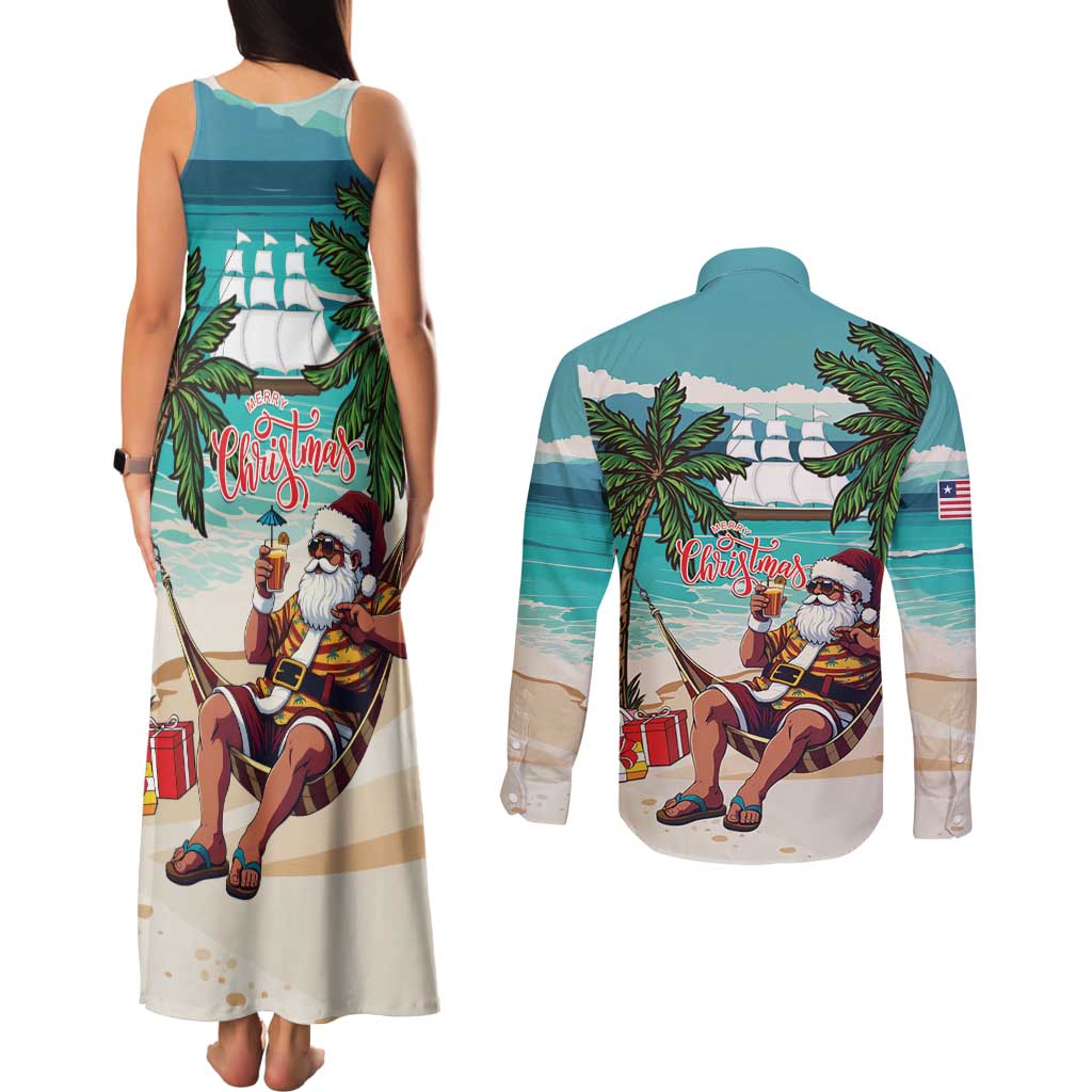 Liberia Christmas Couples Matching Tank Maxi Dress and Long Sleeve Button Shirt Santa Chill on Tropical Beach - Wonder Print Shop