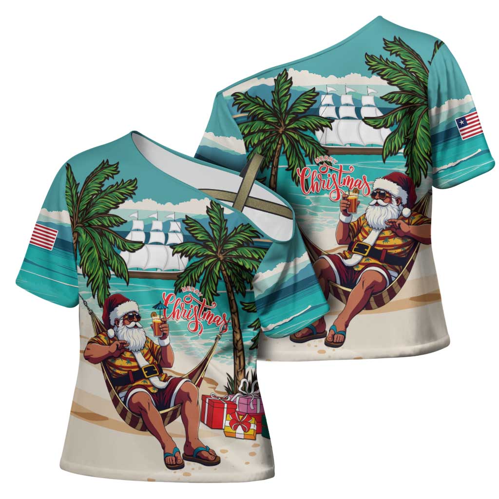 Liberia Christmas Cross Shoulder Shirt Santa Chill on Tropical Beach - Wonder Print Shop