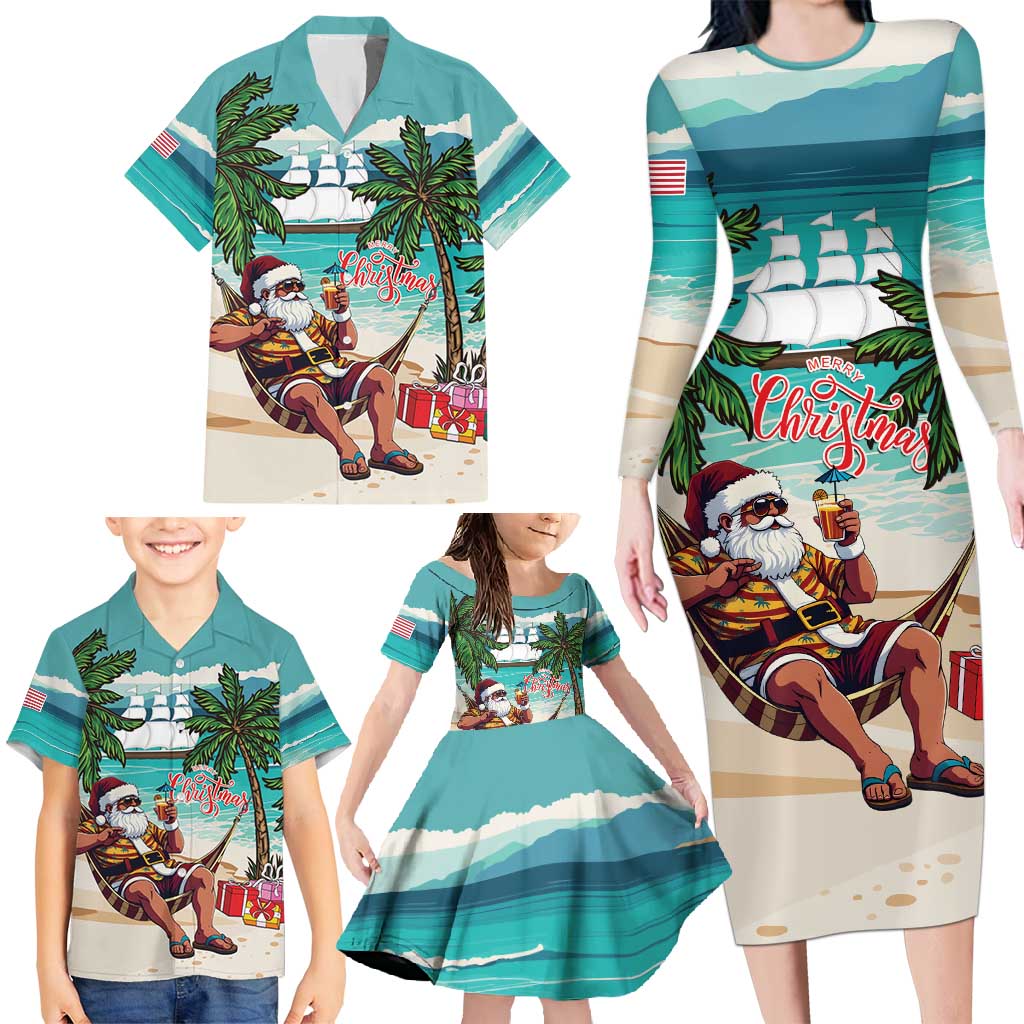 Liberia Christmas Family Matching Long Sleeve Bodycon Dress and Hawaiian Shirt Santa Chill on Tropical Beach - Wonder Print Shop