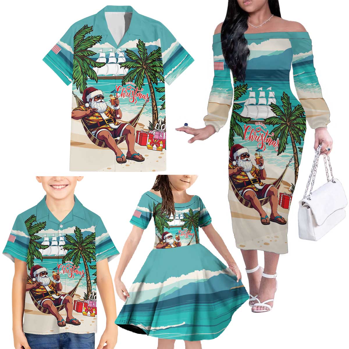 Liberia Christmas Family Matching Off The Shoulder Long Sleeve Dress and Hawaiian Shirt Santa Chill on Tropical Beach - Wonder Print Shop