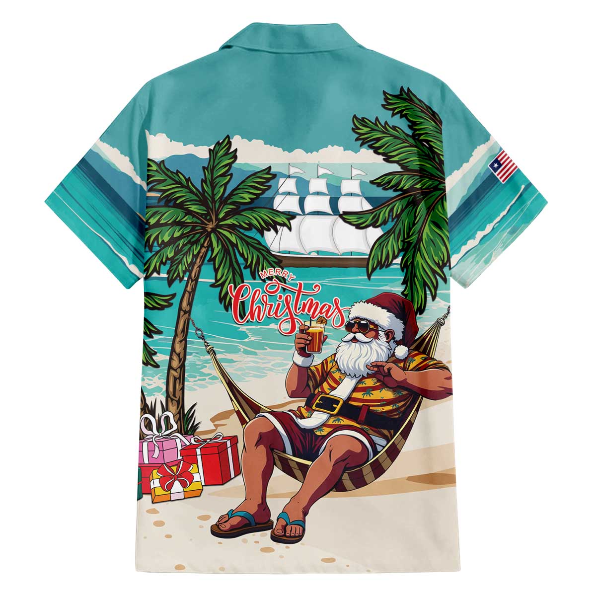 Liberia Christmas Family Matching Off The Shoulder Long Sleeve Dress and Hawaiian Shirt Santa Chill on Tropical Beach - Wonder Print Shop