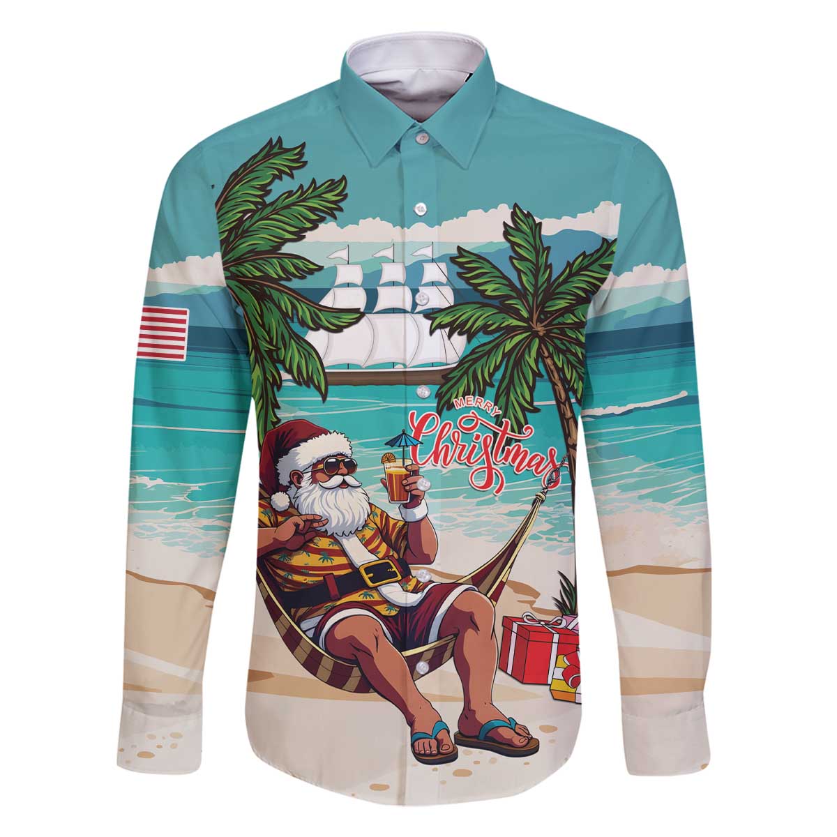 Liberia Christmas Family Matching Off The Shoulder Long Sleeve Dress and Hawaiian Shirt Santa Chill on Tropical Beach - Wonder Print Shop
