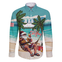 Liberia Christmas Family Matching Off The Shoulder Long Sleeve Dress and Hawaiian Shirt Santa Chill on Tropical Beach - Wonder Print Shop