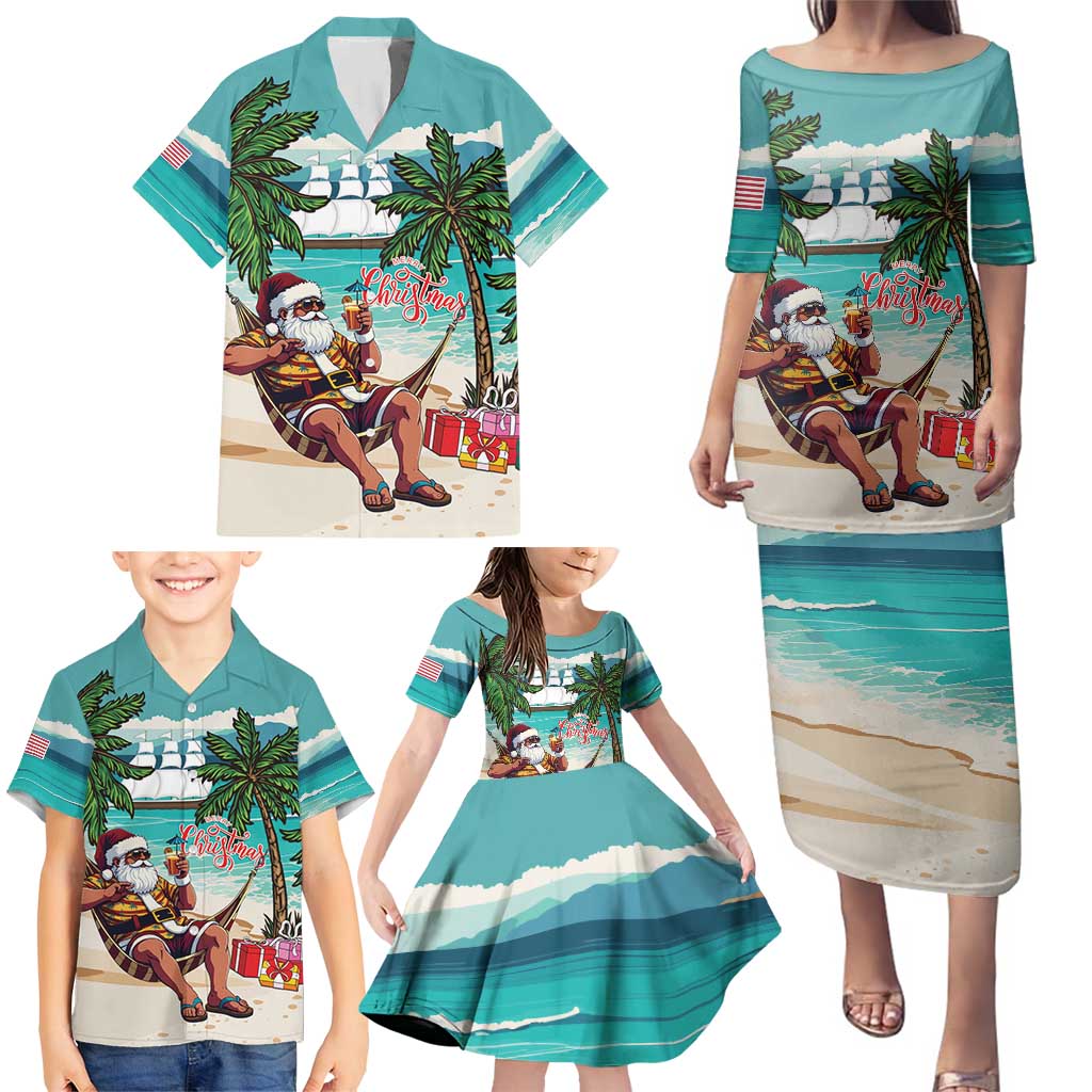 Liberia Christmas Family Matching Puletasi and Hawaiian Shirt Santa Chill on Tropical Beach - Wonder Print Shop
