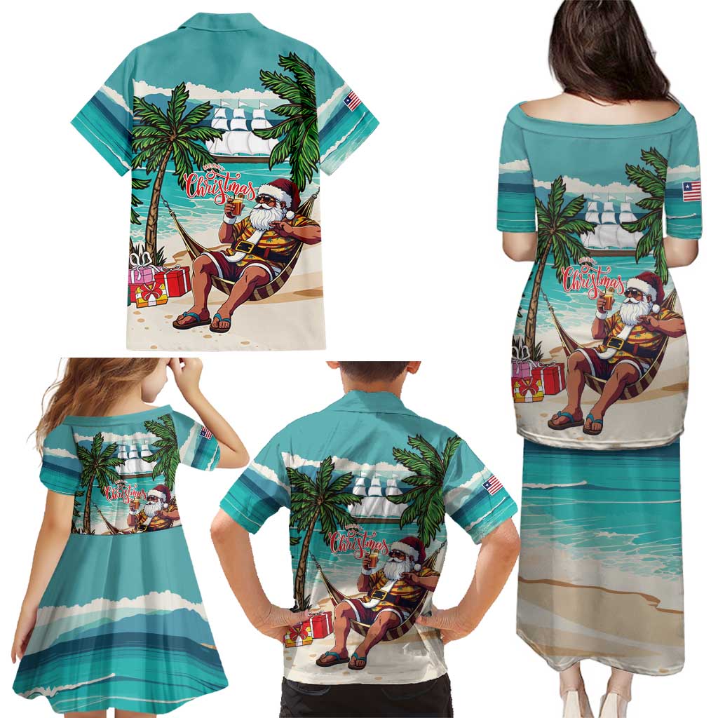 Liberia Christmas Family Matching Puletasi and Hawaiian Shirt Santa Chill on Tropical Beach - Wonder Print Shop
