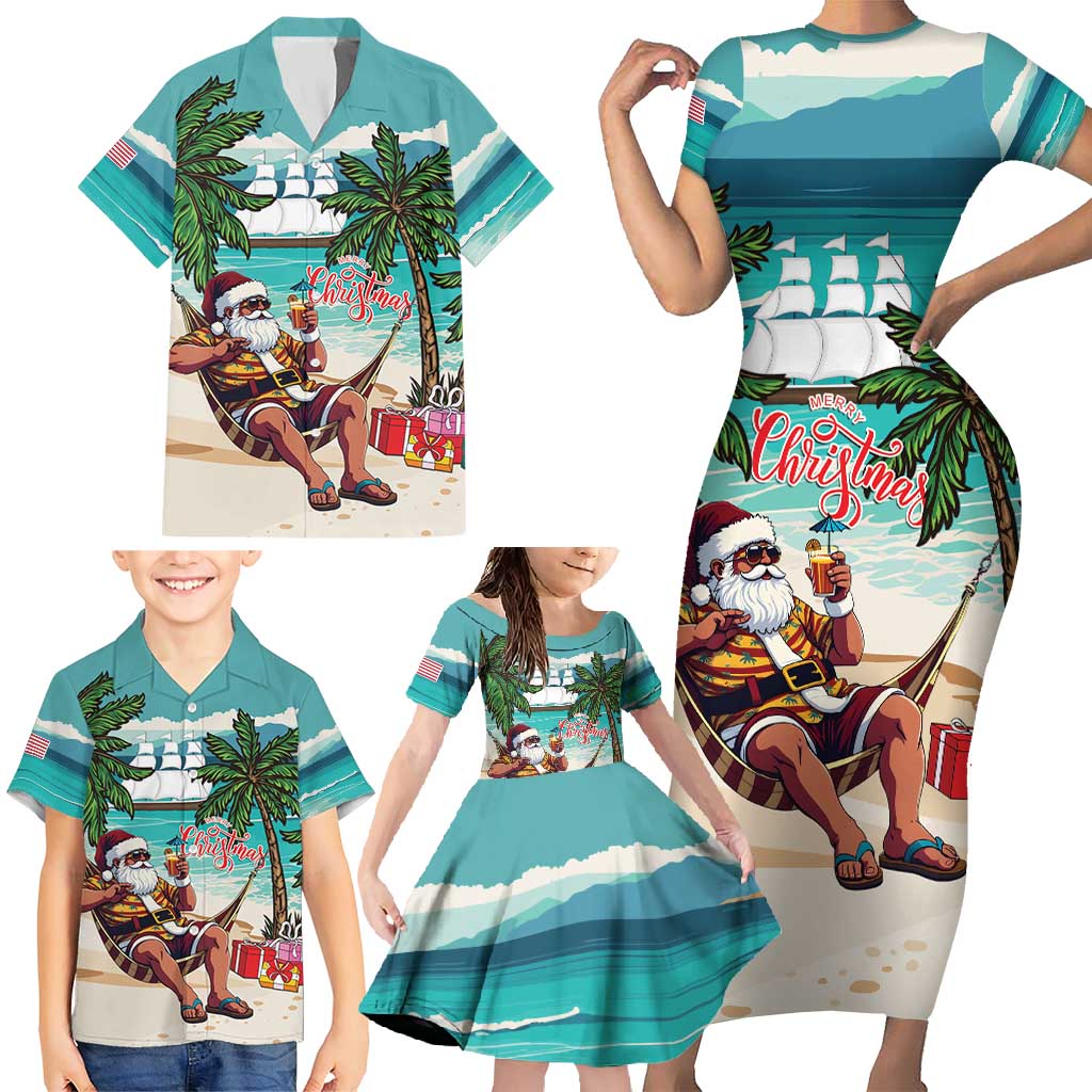 Liberia Christmas Family Matching Short Sleeve Bodycon Dress and Hawaiian Shirt Santa Chill on Tropical Beach - Wonder Print Shop