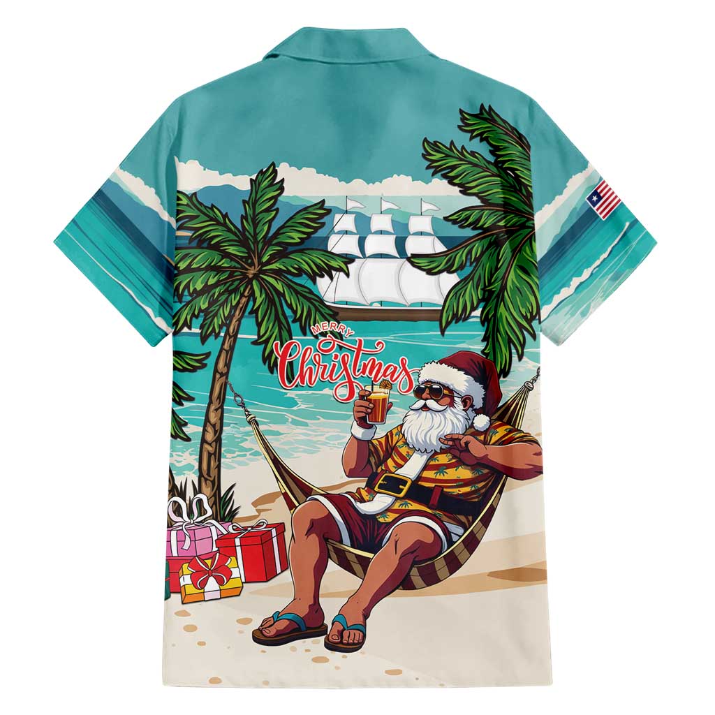 Liberia Christmas Family Matching Short Sleeve Bodycon Dress and Hawaiian Shirt Santa Chill on Tropical Beach - Wonder Print Shop