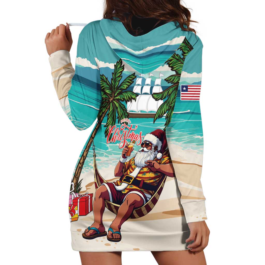 Liberia Christmas Hoodie Dress Santa Chill on Tropical Beach - Wonder Print Shop