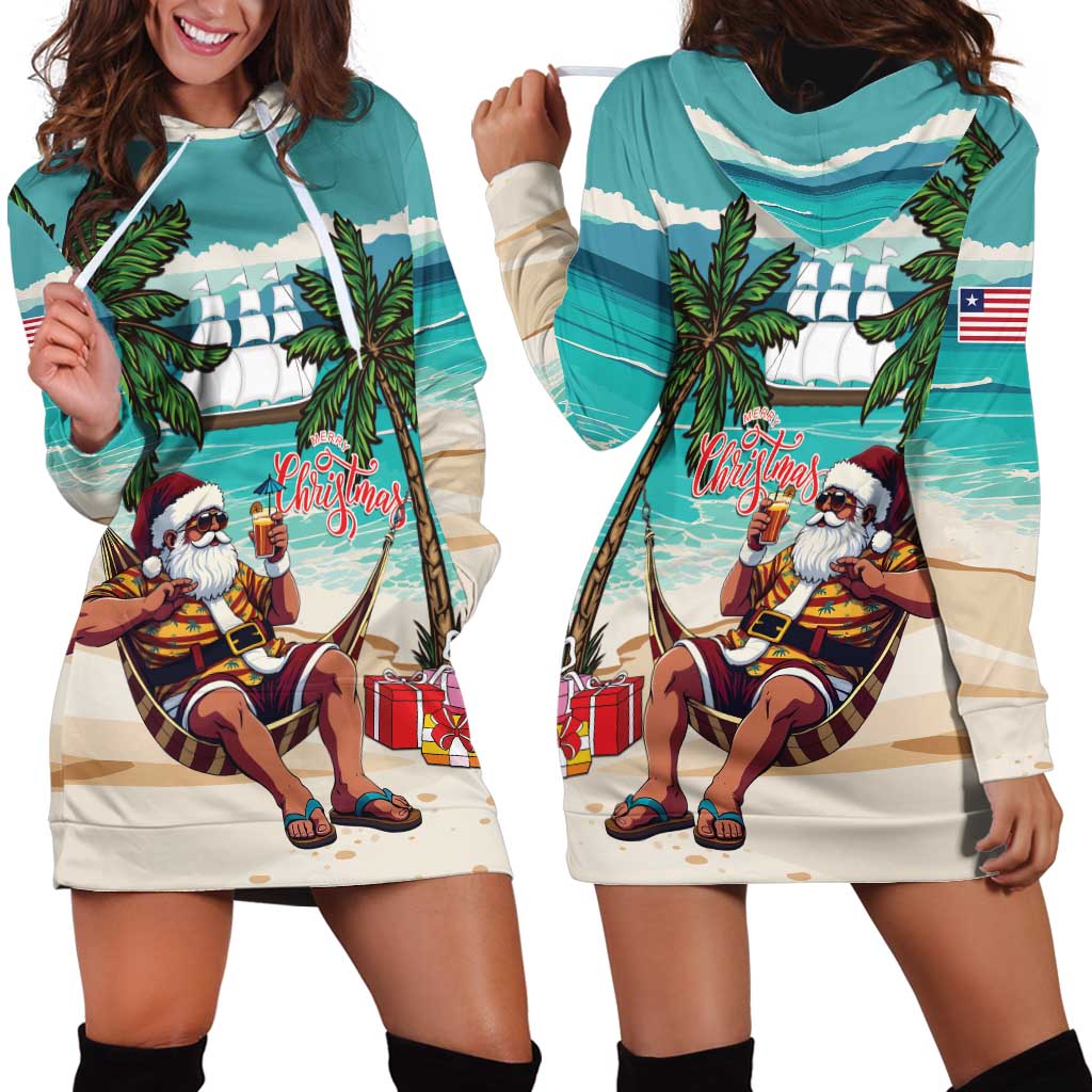 Liberia Christmas Hoodie Dress Santa Chill on Tropical Beach - Wonder Print Shop