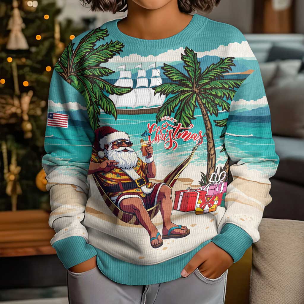 Liberia Christmas Kid Ugly Christmas Sweater Santa Chill on Tropical Beach - Wonder Print Shop