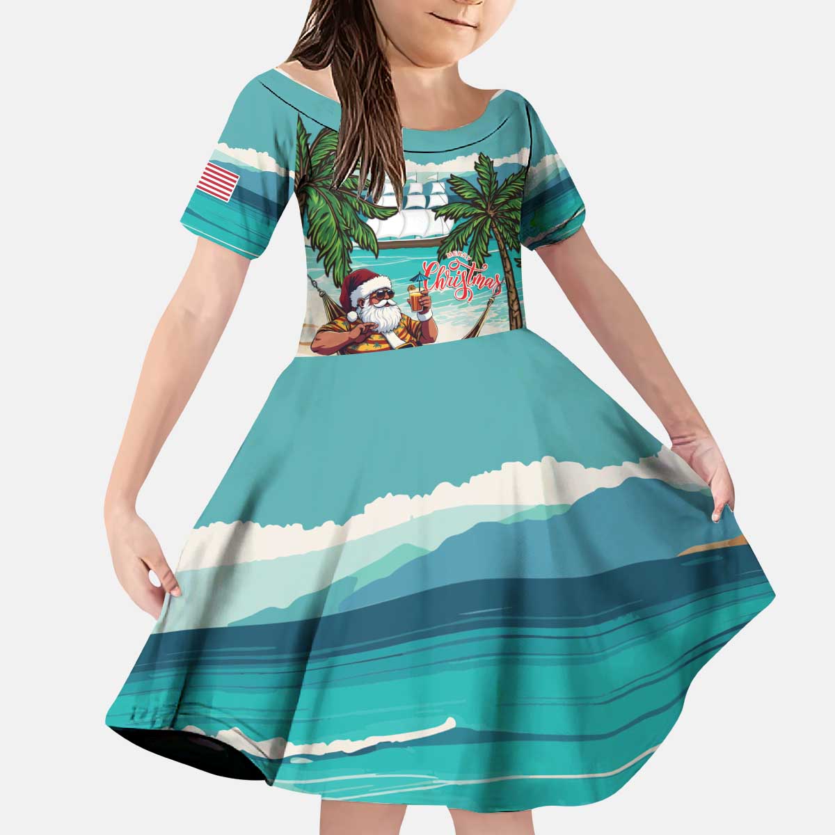 Liberia Christmas Kid Short Sleeve Dress Santa Chill on Tropical Beach - Wonder Print Shop