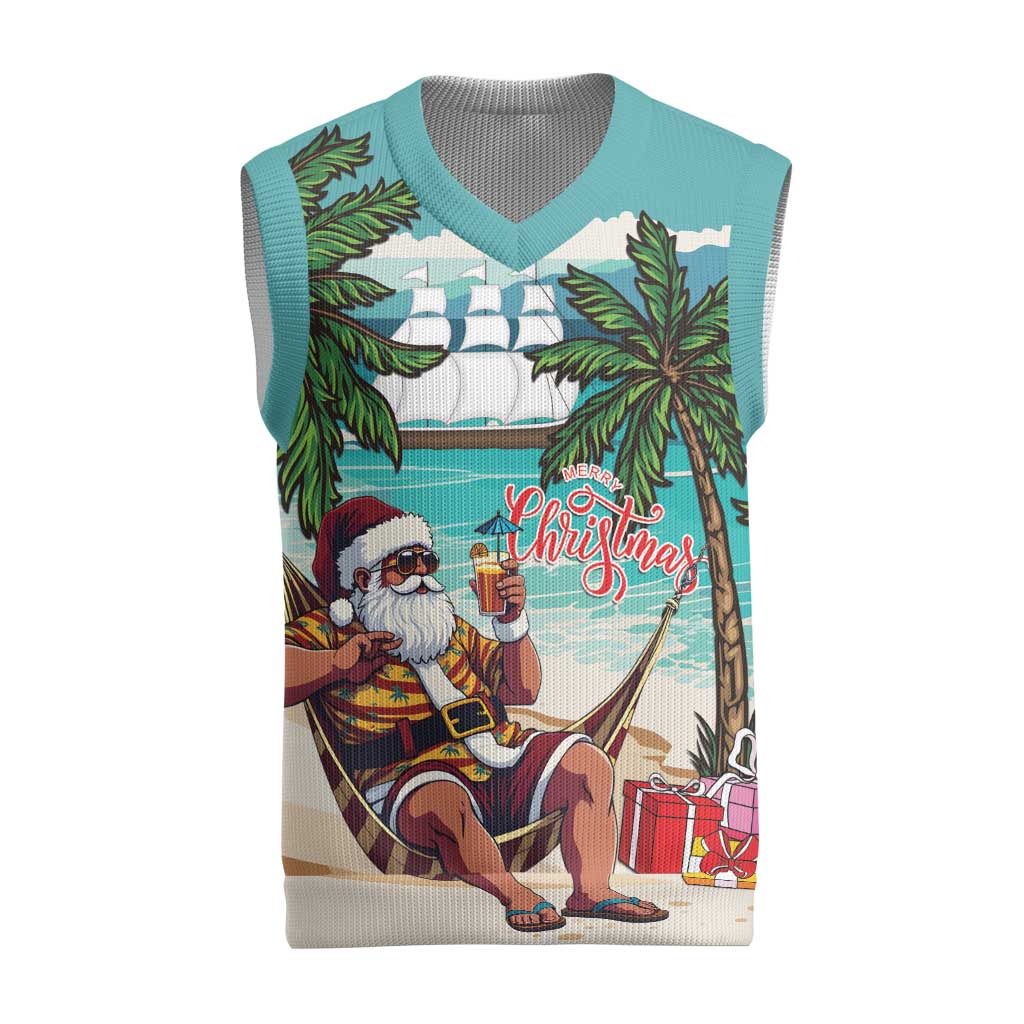 Liberia Christmas Knitted V-Neck Vest Santa Chill on Tropical Beach - Wonder Print Shop