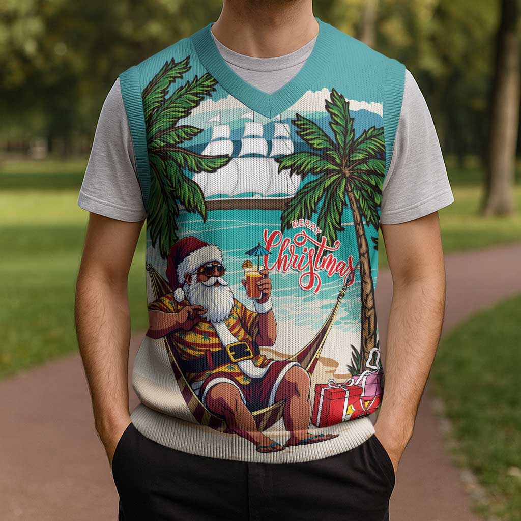 Liberia Christmas Knitted V-Neck Vest Santa Chill on Tropical Beach - Wonder Print Shop