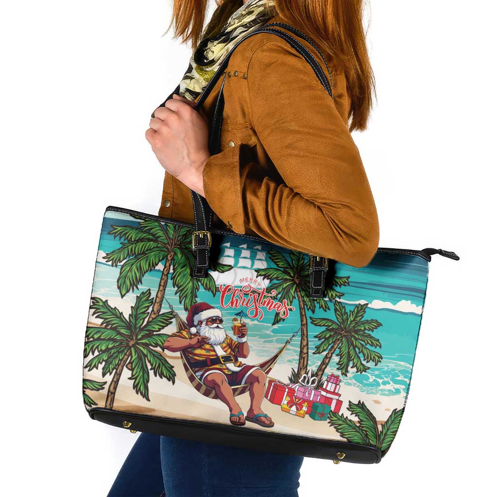 Liberia Christmas Leather Tote Bag Santa Chill on Tropical Beach - Wonder Print Shop