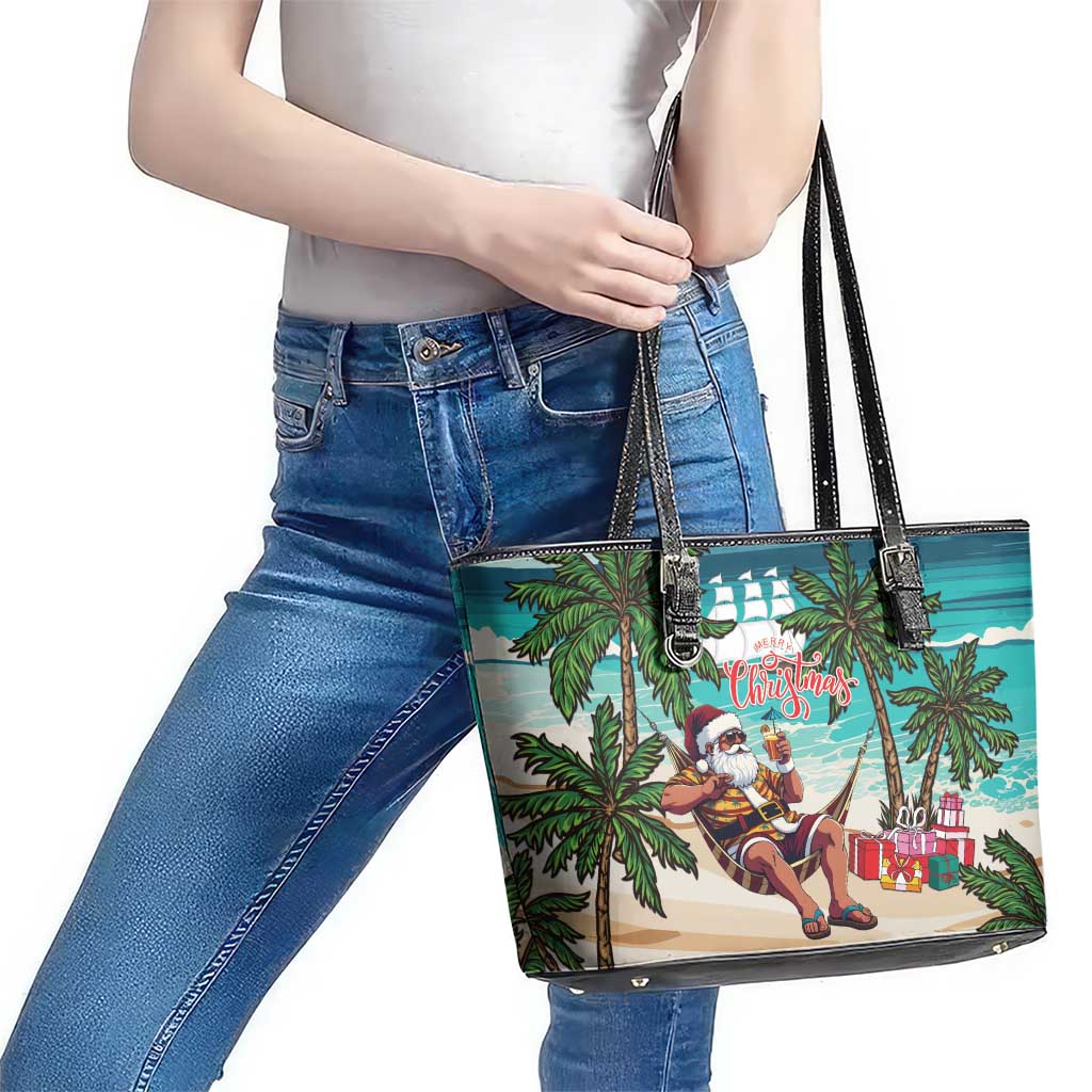 Liberia Christmas Leather Tote Bag Santa Chill on Tropical Beach - Wonder Print Shop