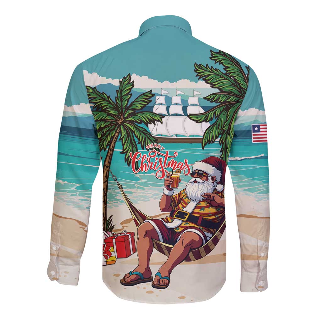Liberia Christmas Long Sleeve Button Shirt Santa Chill on Tropical Beach - Wonder Print Shop