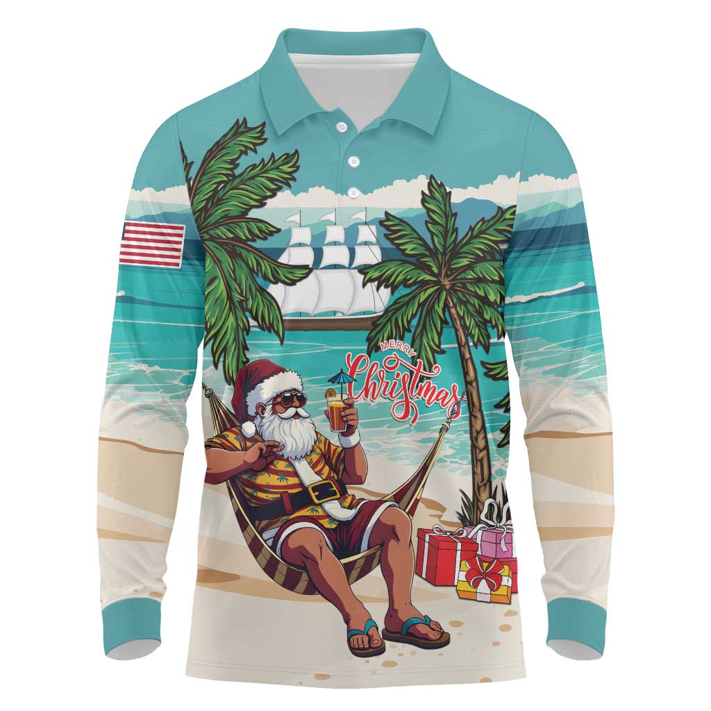 Liberia Christmas Long Sleeve Polo Shirt Santa Chill on Tropical Beach - Wonder Print Shop