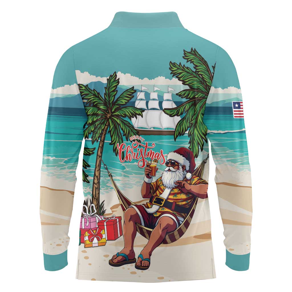 Liberia Christmas Long Sleeve Polo Shirt Santa Chill on Tropical Beach - Wonder Print Shop