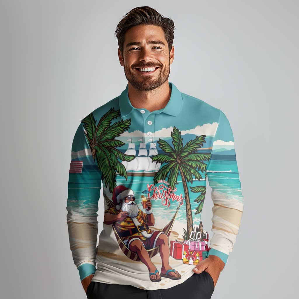 Liberia Christmas Long Sleeve Polo Shirt Santa Chill on Tropical Beach - Wonder Print Shop