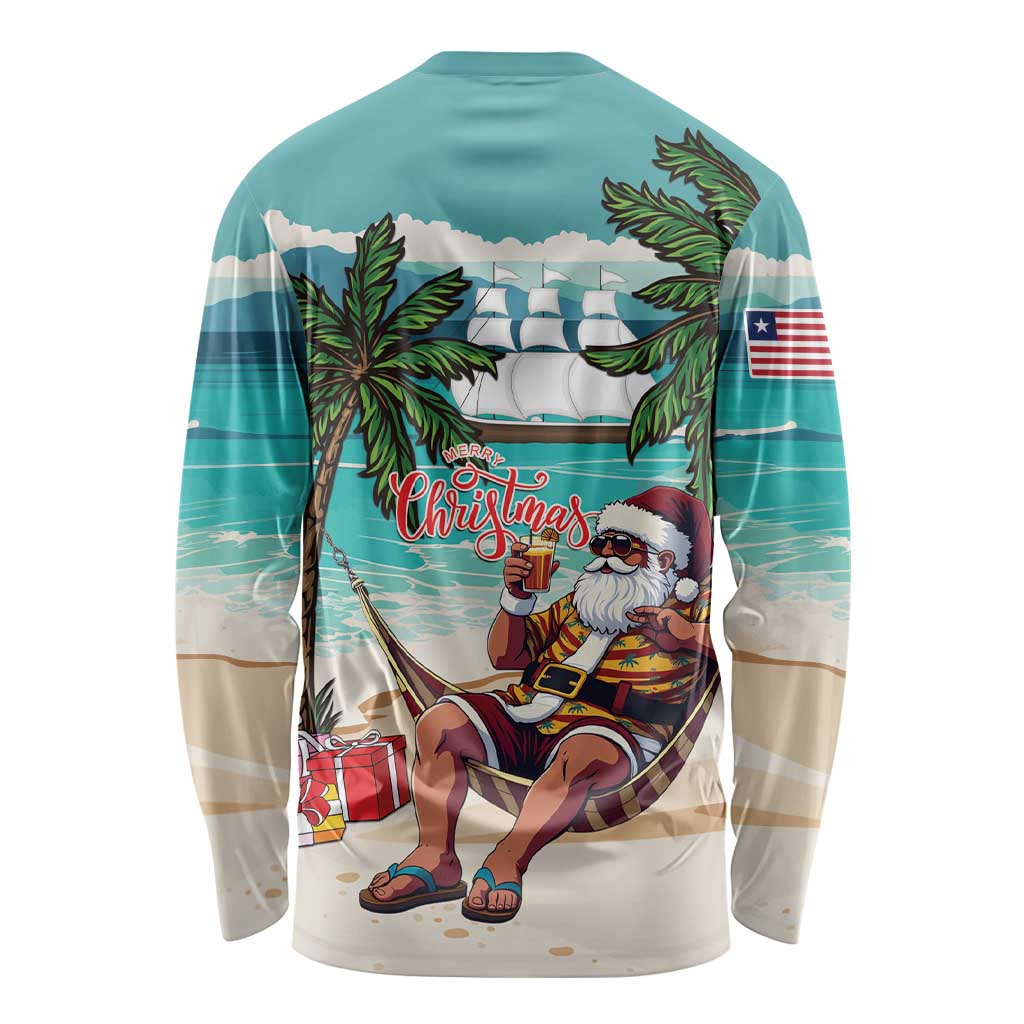 Liberia Christmas Long Sleeve Shirt Santa Chill on Tropical Beach - Wonder Print Shop