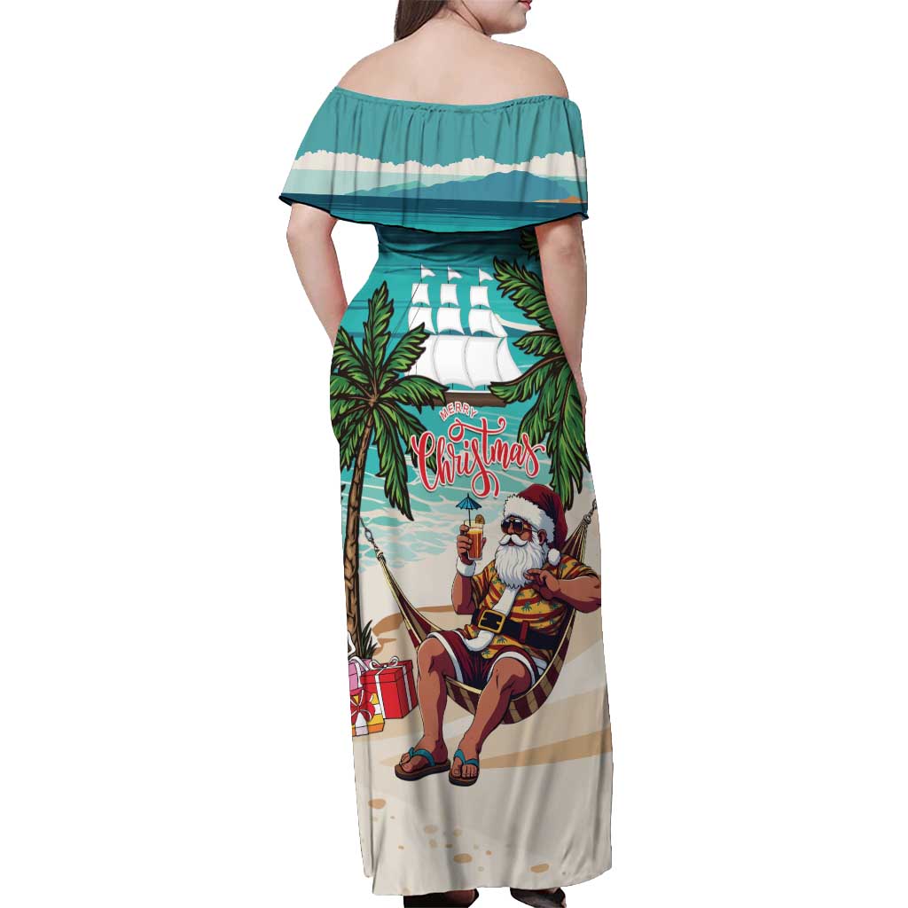 Liberia Christmas Off Shoulder Maxi Dress Santa Chill on Tropical Beach - Wonder Print Shop