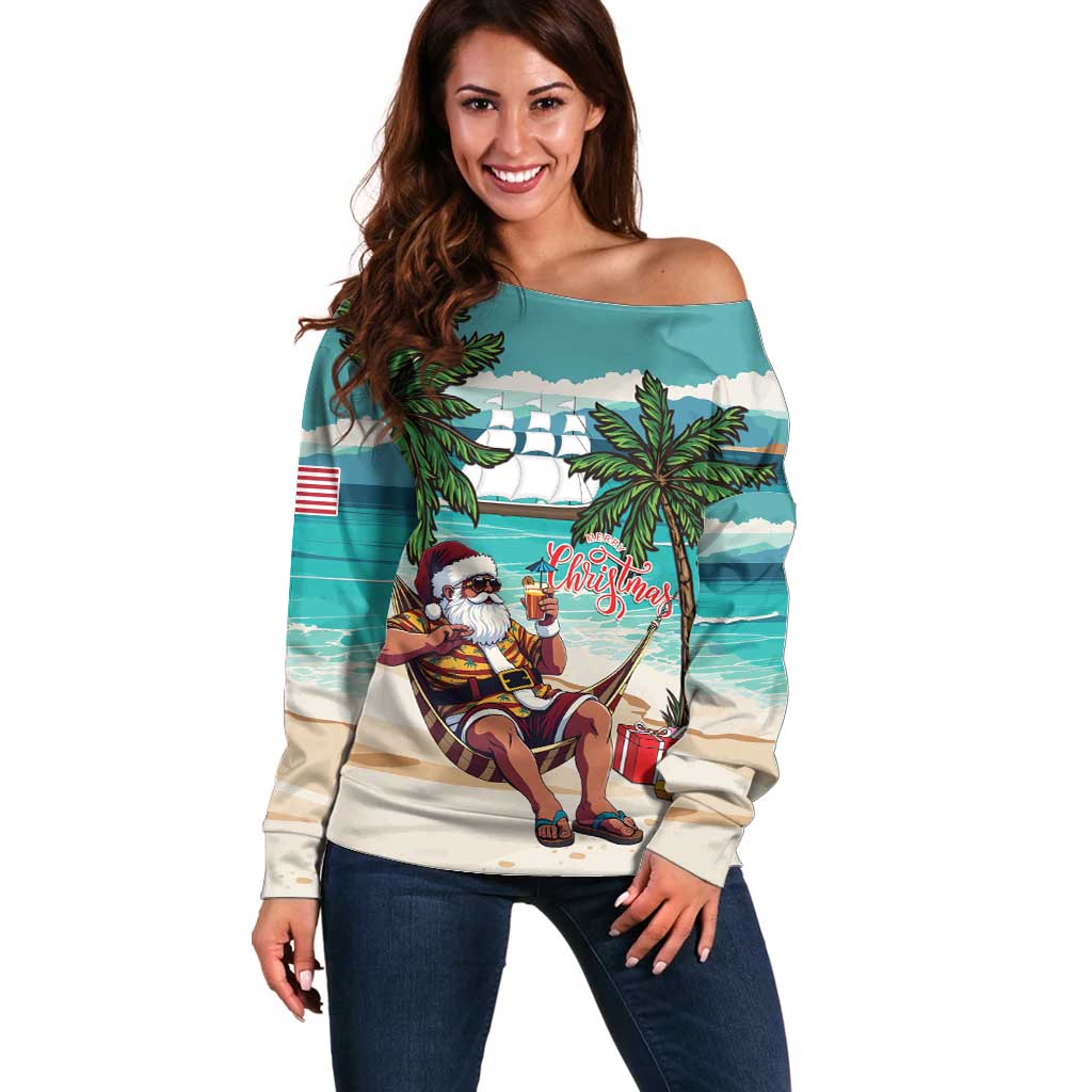 Liberia Christmas Off Shoulder Sweater Santa Chill on Tropical Beach - Wonder Print Shop